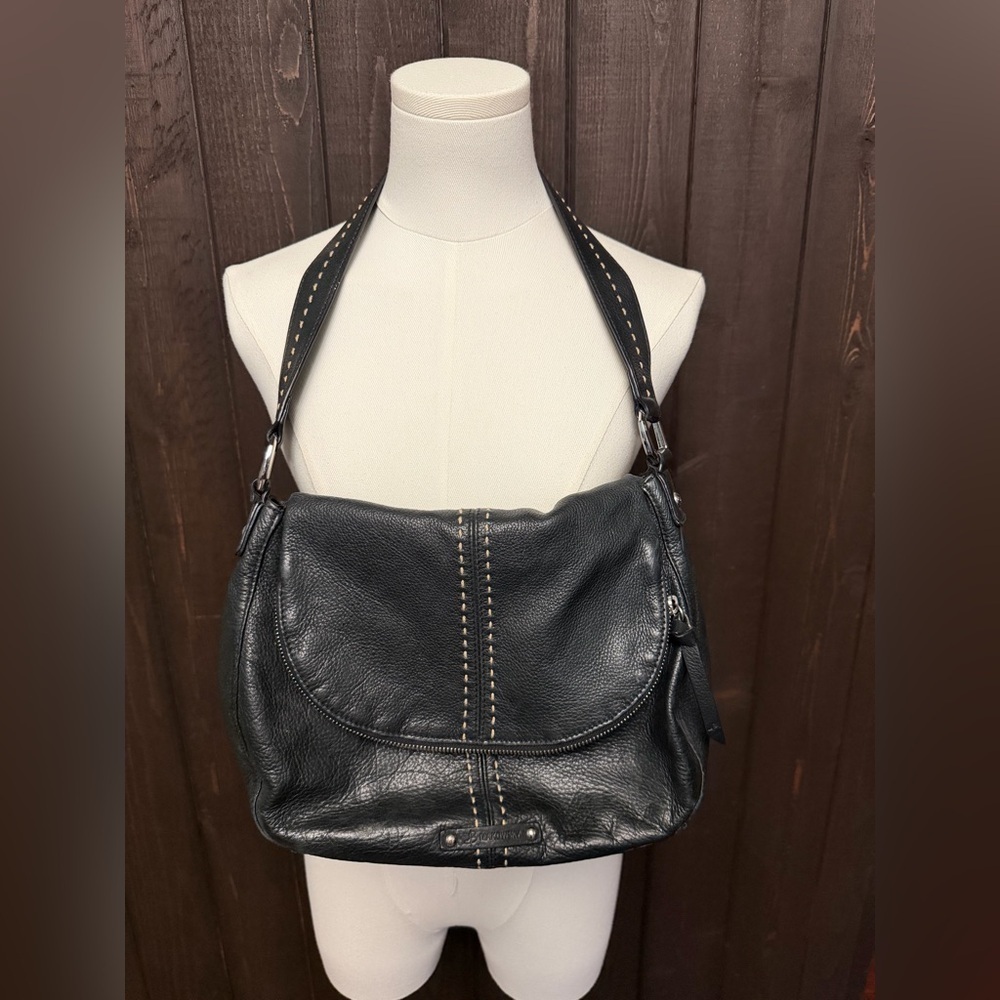 B MAKOWSKY Black Soft Leather Tote Hobo Handbag Boho Biker Zipper Shoulder Purse